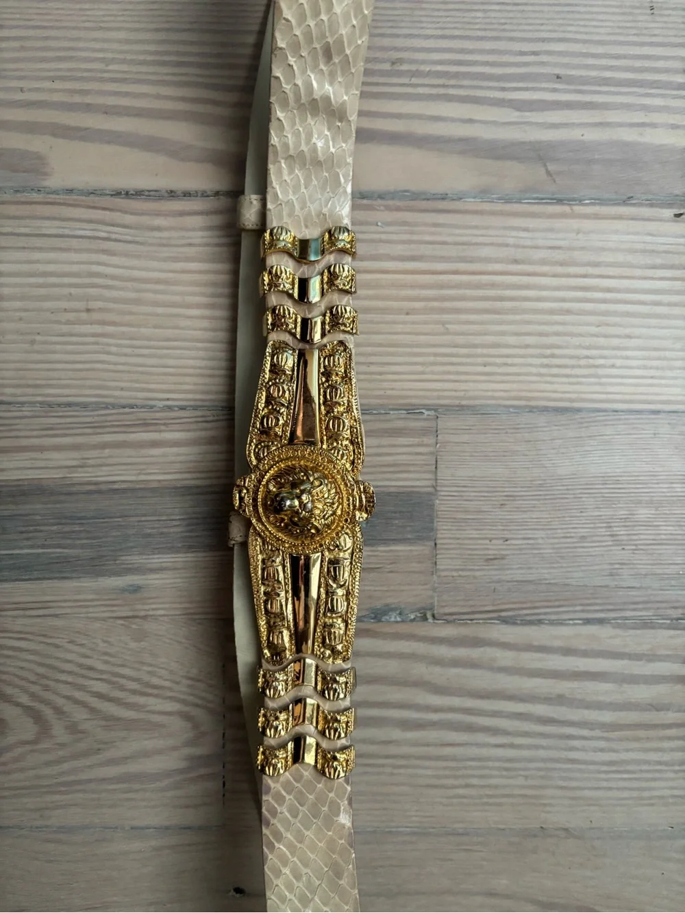 Vintage Judith Leiber Ivory Snakeskin Signature Belt with Gold Lion Crest